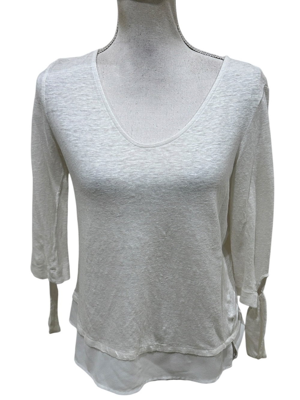 Sanctuary white Scoop Neck 3/4 Sleeve linen slub knit Top with Tie Cuffs small